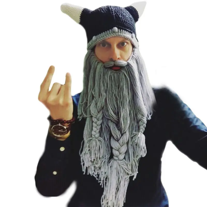 Christmas Knit Viking Beard Horn Hat Crazy Ski Cap Barbarian Vagabond Beanie