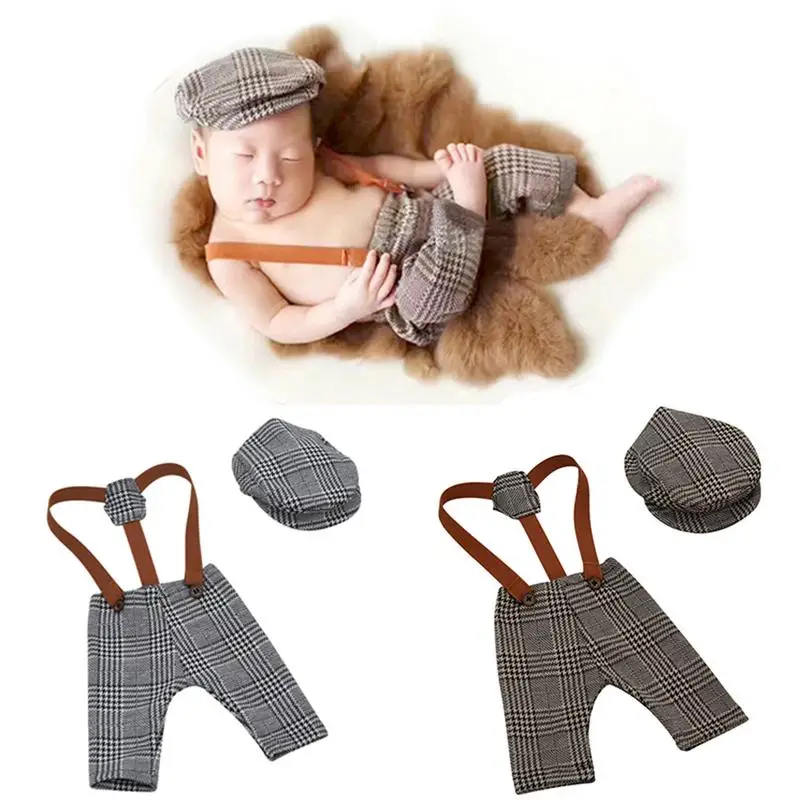 

Infant Baby Boy Little Gentleman Outfit Newborn Photography Props Plaid Costume Peaked Cap Retro Style For Children