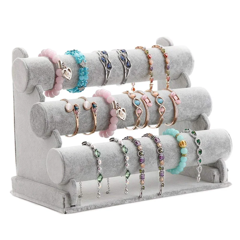 

Triple Bracelet Holder Jewelry Display Stand Watch Bangle Bar Necklace Storage Organizer Gray