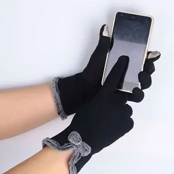

Hot Sale Women Touch Screen Windproof Outdoor Black Grey Brown Purple Velvet Breathable Bowknot Winter Warm Gloves