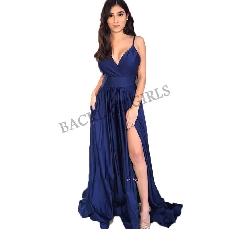 Vestidos de fiesta 2019 сексуальные платья с высоким разрезом для выпускного вечера Длинные темно-синие вечерние платья с открытой спиной для женщин