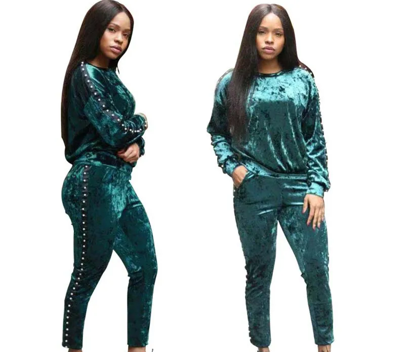 

Spring Women Velvet 2 Two Piece Set Warm Beads Tracksuit Velour Smooth Soft Home Suit Women Fitness Set