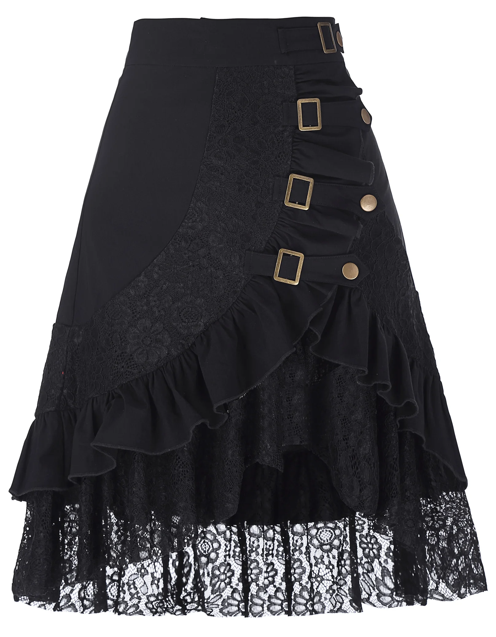

Women's Steampunk Gothic Clothing Vintage Cotton Black Lace Skirts Press Button Ruffles