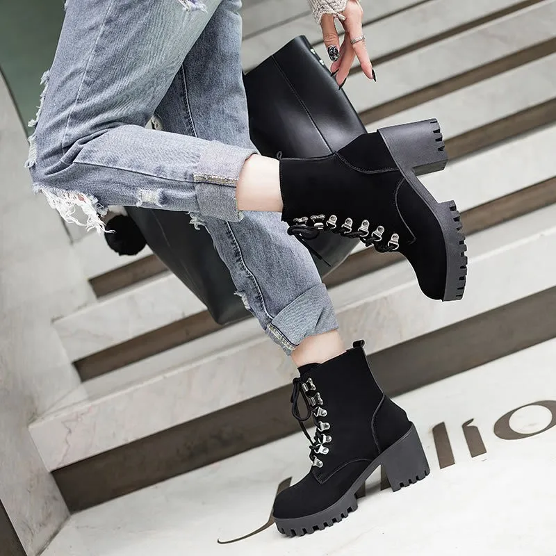 

Fashion Martin Boots Winter High-top Shoes Woman Boots Rivet Retro Platform Women's Boots Round Head Suede Motorcycle Boots