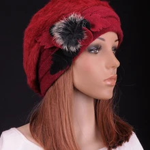 M633 Модные женские зимние теплые темно-красные из искусственного кроличьего меха шерстяные цветы с помпоном мех милый берет шапка бини
