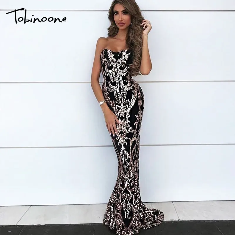 Tobinoone مطرزة حزب فساتين طويلة حمالة حورية البحر السيدات عارية الذراعين ماكسي اللباس الإناث طويلة أكمام ليلة غمد Vestidos