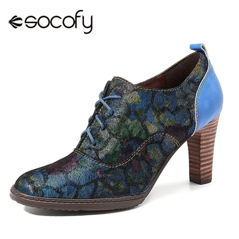 

SOCOFY Retro Genuine Leather Stitching Splicing Colorful Pattern Zipper Lace Up Pumps Vintage Heels Ankle Boots For Women Spring