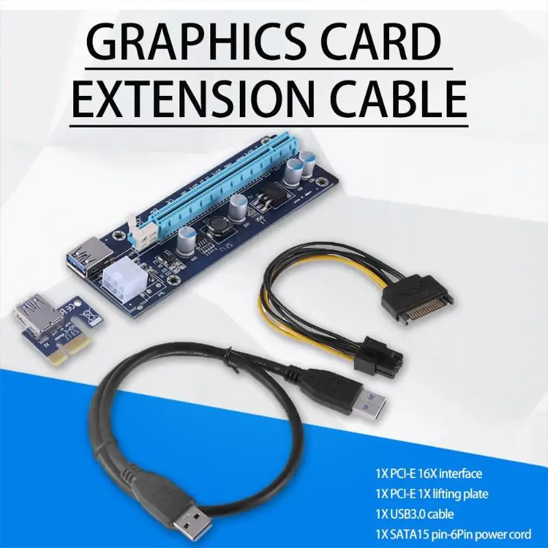 Синий PCI-E Express 1x к 16x Riser Card 6Pin USB 3,0 кабель для BTC Miner