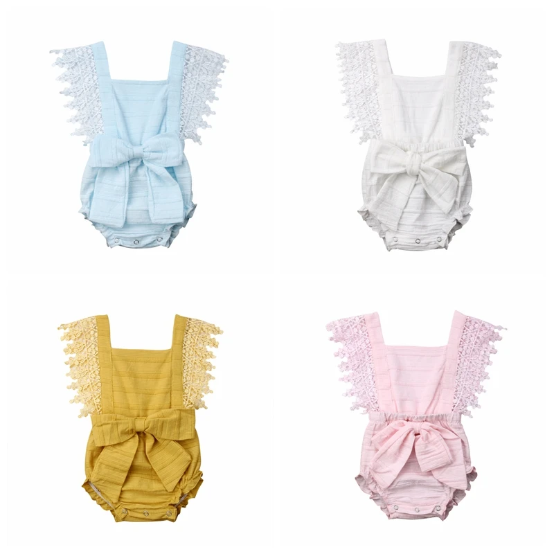 

Emmababy Fashion Cute Newborn Baby Girl Lace Sleeveless Rompers Bowknot Solid Summer Jumpsuit Beach Clothes