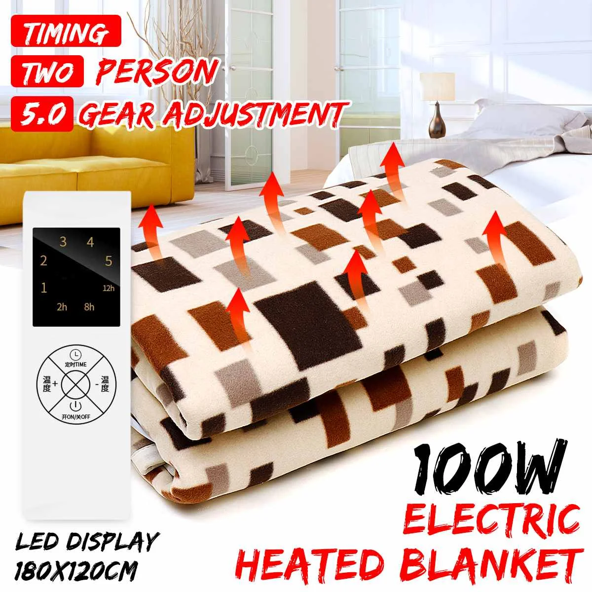 

180*120cm Electric Blanket Mat Waterproof Electric Heated Blanket 100W 5 Gear Timing Function Electrical Heater Heating Carpet