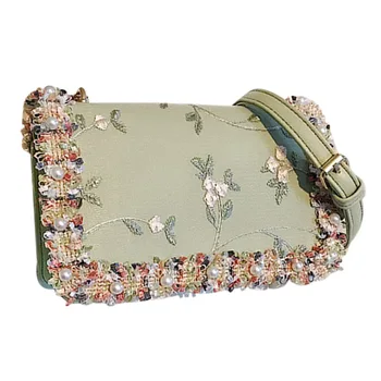 

Flowers Women bag New handbag High quality PU Leather Sweet Girl Square bag Flower Pearl Chain Shoulder Messenger Bag(green)