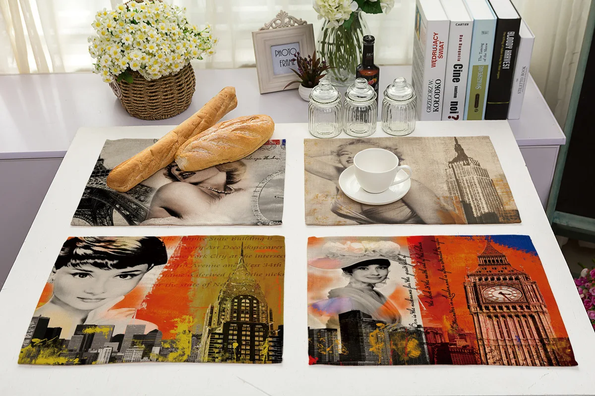 القطن الكتان الفن تحديد الموقع بساط عازل مارلين مونرو أودري هيبورن طباعة الرجعية المائدة سادة طاولة طعام اكسسوارات