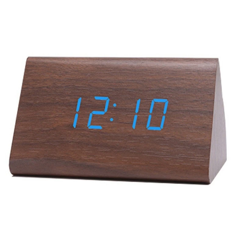 

Digital Thermometer Calendar Brown Wood Sound Control Wooden Led Alarm Clock