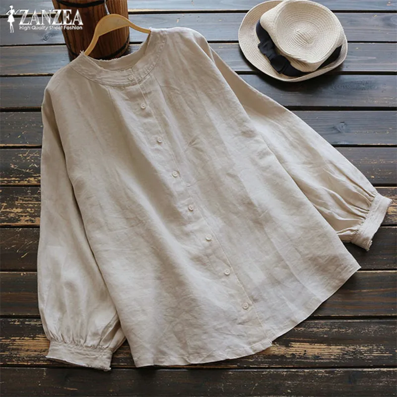 

Women Lantern Sleeve Blouse ZANZEA 2019 Vintage Cotton Linen Tunic Tops Oversized O Neck Shirts Chemise Femme Irregular Blusas