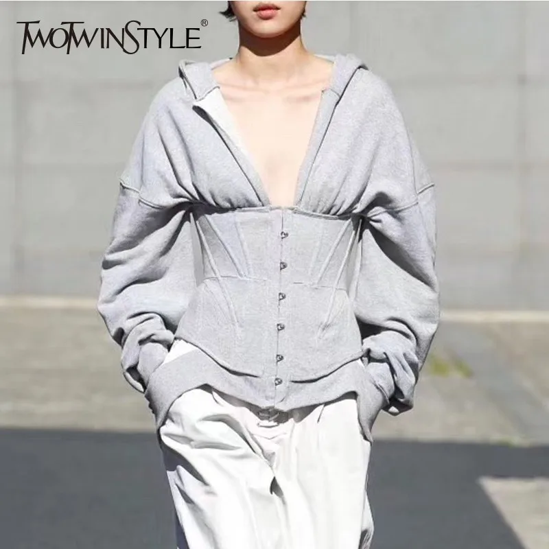 TWOTWINSTYLE Spring Sweatshirts For Women's Hoodies Long Sleeve V Neck High Waist Slim Sweatshirt T