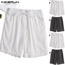 INCERUN повседневные мужские Шорты однотонные винтажные свободные хлопковые мужские шорты до колена мужские пляжные шорты на шнурке летние