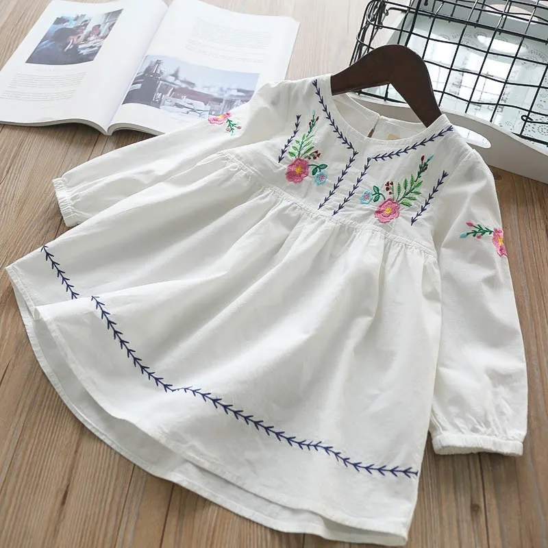 

autumn girl dress long sleeve white embroidery flower cotton kids dresses toddler baby clothes children boutiques clothing