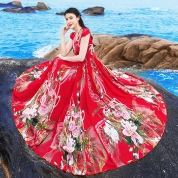 

2019 New Women Summer Beach Dress Sleeveless Red Chiffon Dress Super Long Holiday Dresses V Collar Retro Fashion clothing AS271