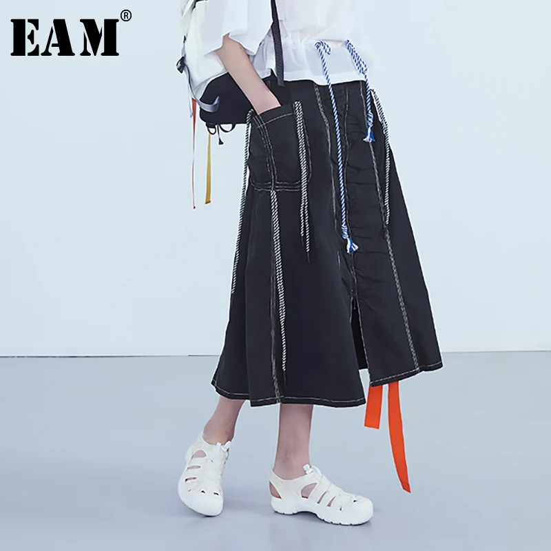 

[EAM] 2019 New Spring Summer High Elastic Waist Black Ribbon Split Joint Vent Personality Half-body Skirt Women Fashion JT758