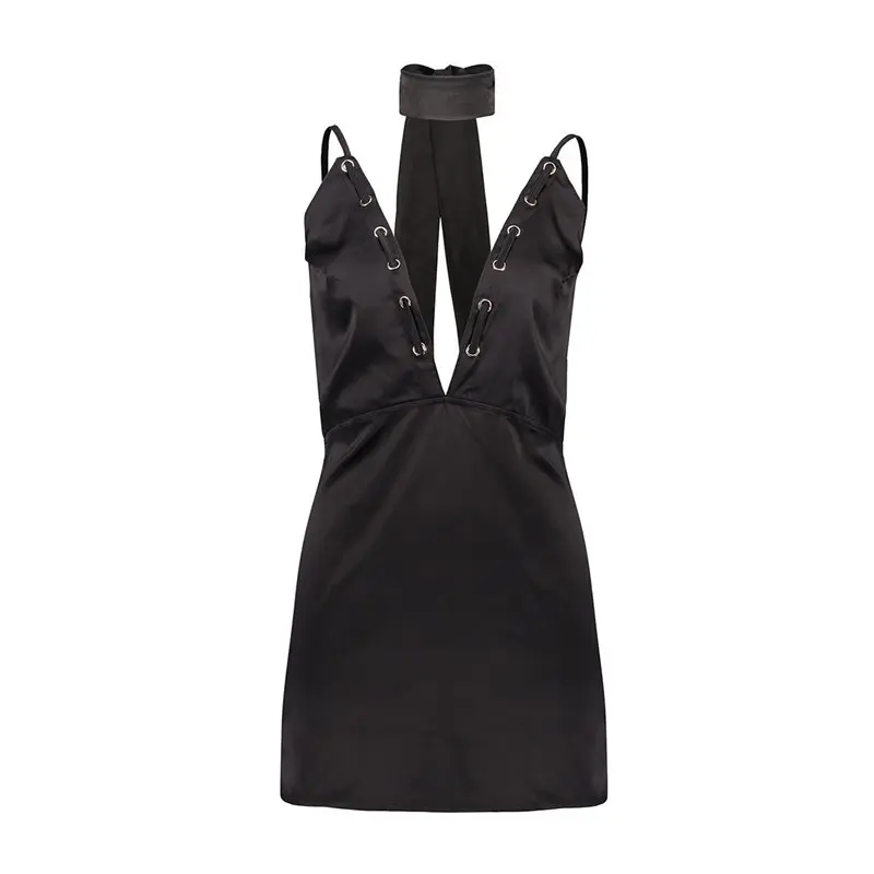 

Women Mini Dresses Sexy Club Punk Casual Gothic Chic Bodycon High Waist Spaghetti Strap Backless Solid Summer Female Short Dress