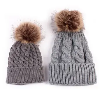 

2PCS Cute Mom Baby Knit Pom Bobble Kids Girls Boys Winter Warm Beanie Caps Mother Child Toddler Knitted Crochet Cap