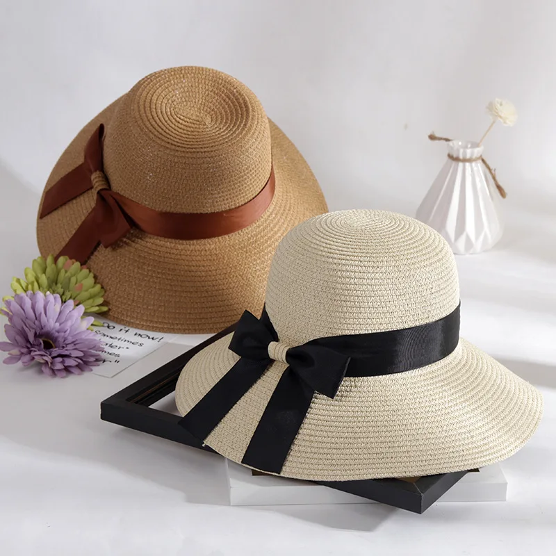 2019 العصرية شقة أعلى واسعة بريم سترو قبعات للحماية من الشمس للنساء شريط أسود Bowknot الشمس قبعة واقية بلون الصيف شاطئ بنما قبعات