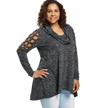 Rosegal размера плюс воротник хомут Высокая Низкая Футболка женская одежда повседневная заклепки с длинным рукавом футболка Женские топы тройники большой размер футболки