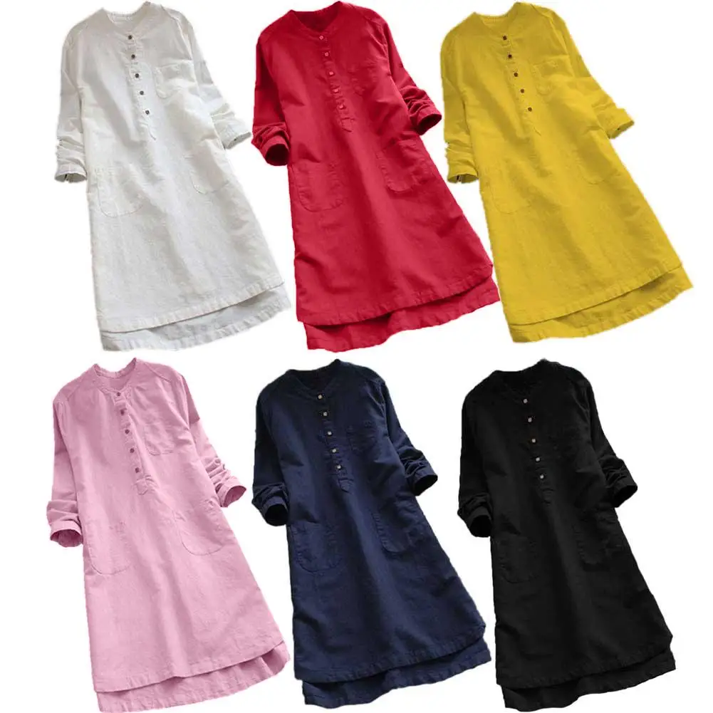 

Cotton And Linen Dress Oversize Loose Pockets Dress Women 2019 Retro Shirt Long-Sleeved Half Cardigan Large Size Shirt Dress