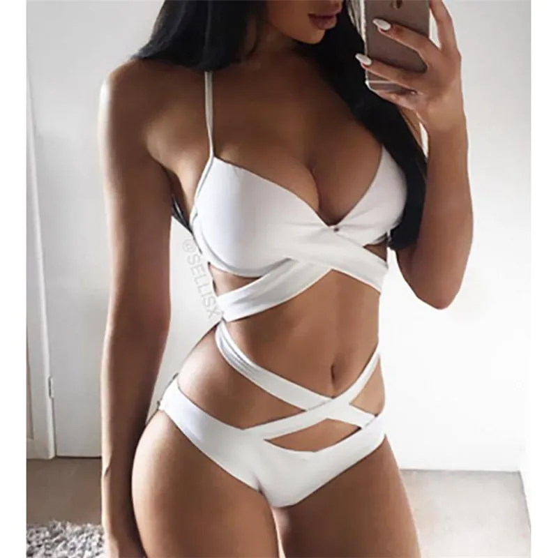 

Sexy Push-up Bra Bandage Cross Swimwear Women Swimsuits Hot Summer Halter solid Monokini bathing suits One piece Femme Beachwear