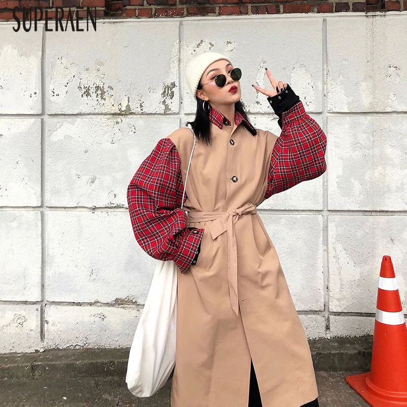 

SuperAen Europe Fashion Trench Coat for Women 2018 Autumn New Casual Windbreaker Female Lattice Stitching Long Coat Women