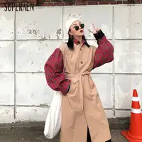 SuperAen Europe Fashion Trench Coat for Women 2018 Autumn New Casual Windbreaker Female Lattice Stitching Long Coat Women