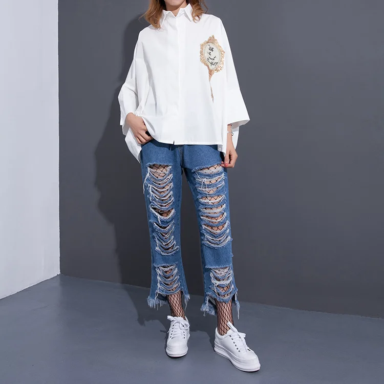  LANMREM 2020 New SpringFashion New Mirror Letter Embroidery White Big Size Shirt Korean Loose Blous