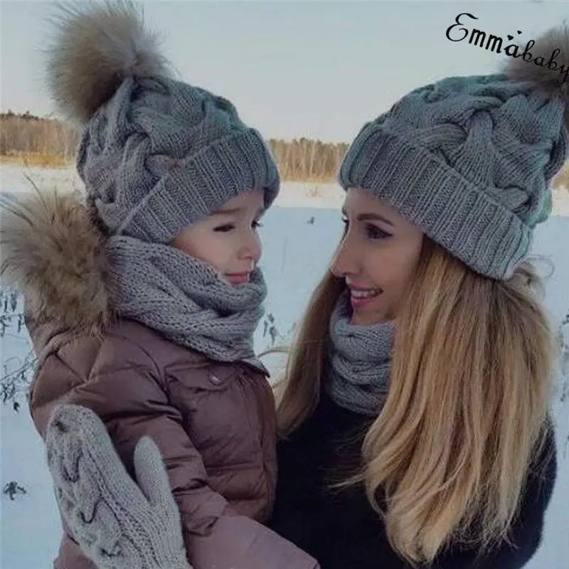 

Hirigin Brand 2 Pieces Set Women Baby Kid Warm Winter Knit Wool Beanie Fur Pom Bobble Hat Crochet Cap Family Hat