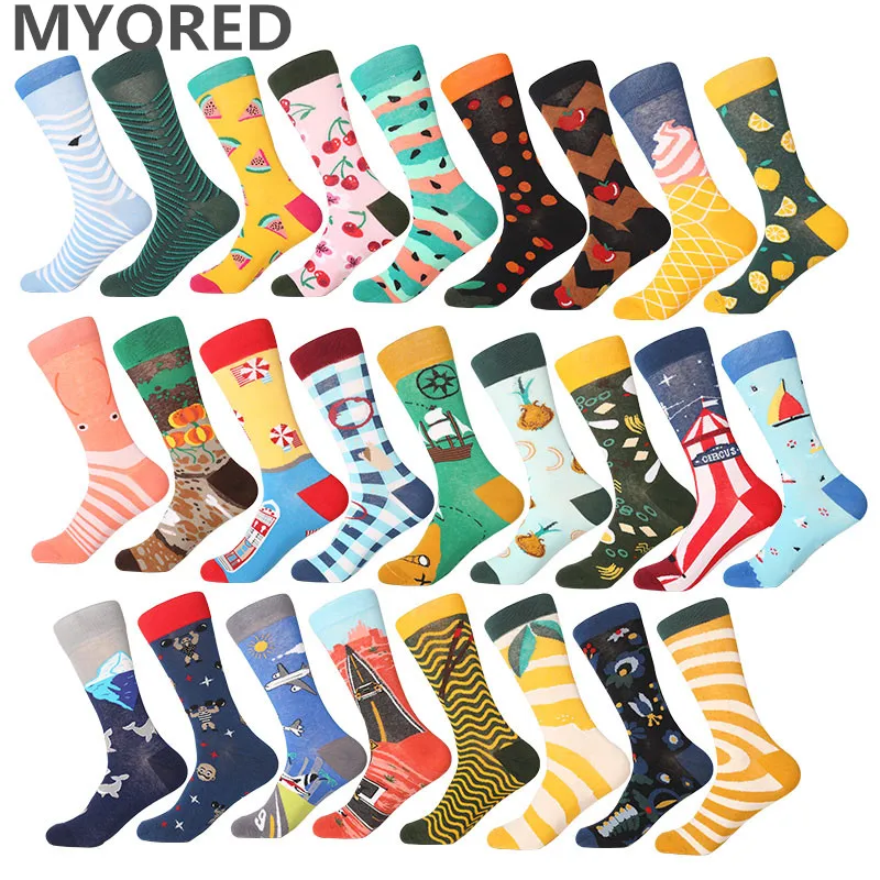 

MYORED casual men's socks colorful funny cartoon crew socks for couple business dressing fruit sea food flower design gift sox