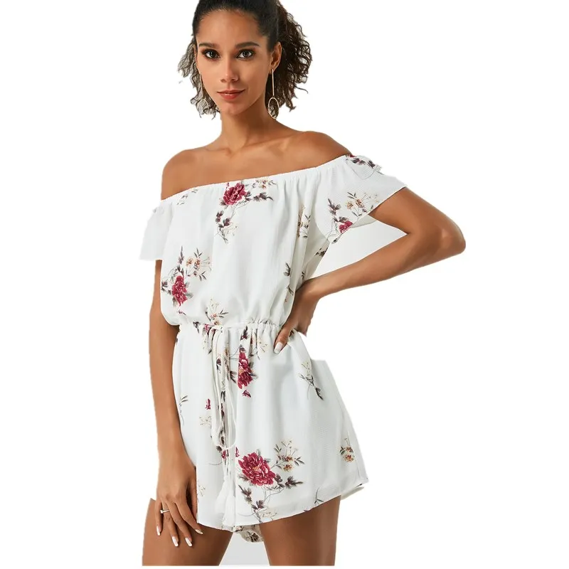 2019 летние Для женщин Мода белый комбинезон с цветочной расцветкой с открытыми плечами кулиска на талии пляжные короткий комбинезон с