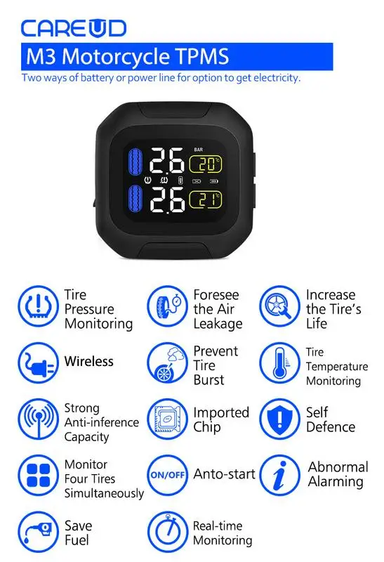 CAREUD M3 система мониторинга давления в мотоциклетных шинах Защита от солнца ЖК-дисплей 2 внешних WI-Fi датчика шины двигателя Aotu сигнализация