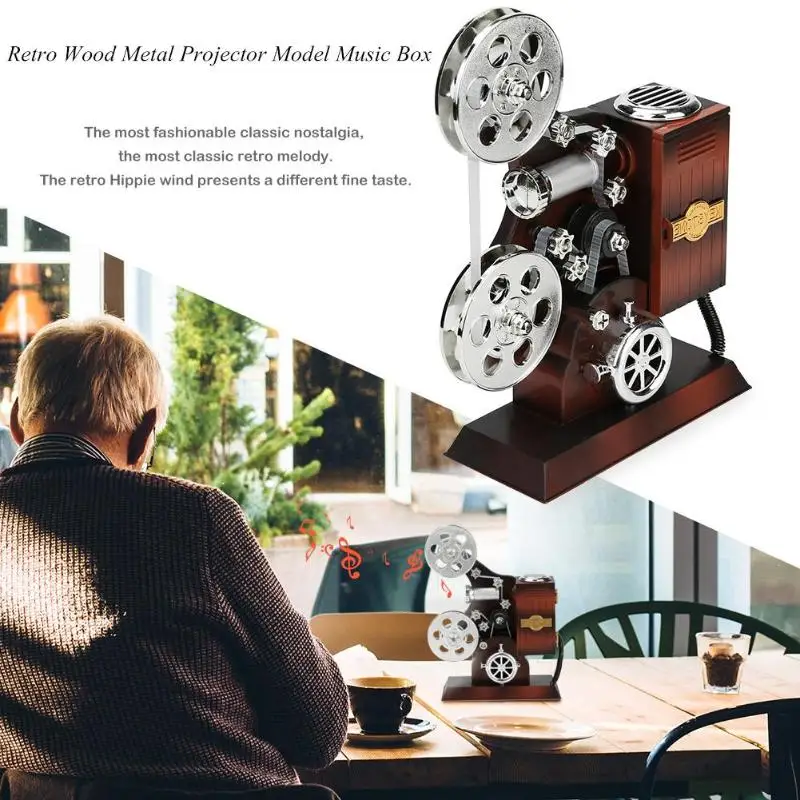 

Antique Retro Movie Film Projector Music Box Wood Metal Musical Boxes Birthday Gift Toy for Kids Vintage Wedding Home Decoration