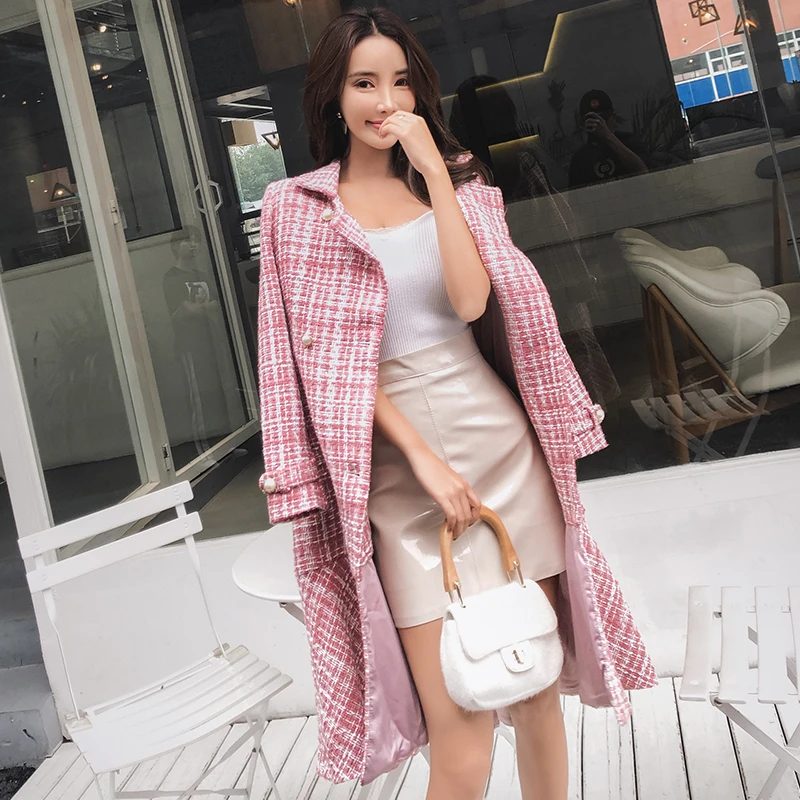 Brand Tweed Woolen Pink Coat Women Korean Robe Hiver Elegant Vintage Plaid Chic Ruffles Fishtail Autumn Winter Long Dress Coat