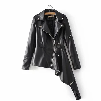 

[EWQ] New Autumn 2020 Fashion Lapel Long Sleeve Zippers Pocket Split Joint Irregular Dovetail PU Leather Women Coat AA118