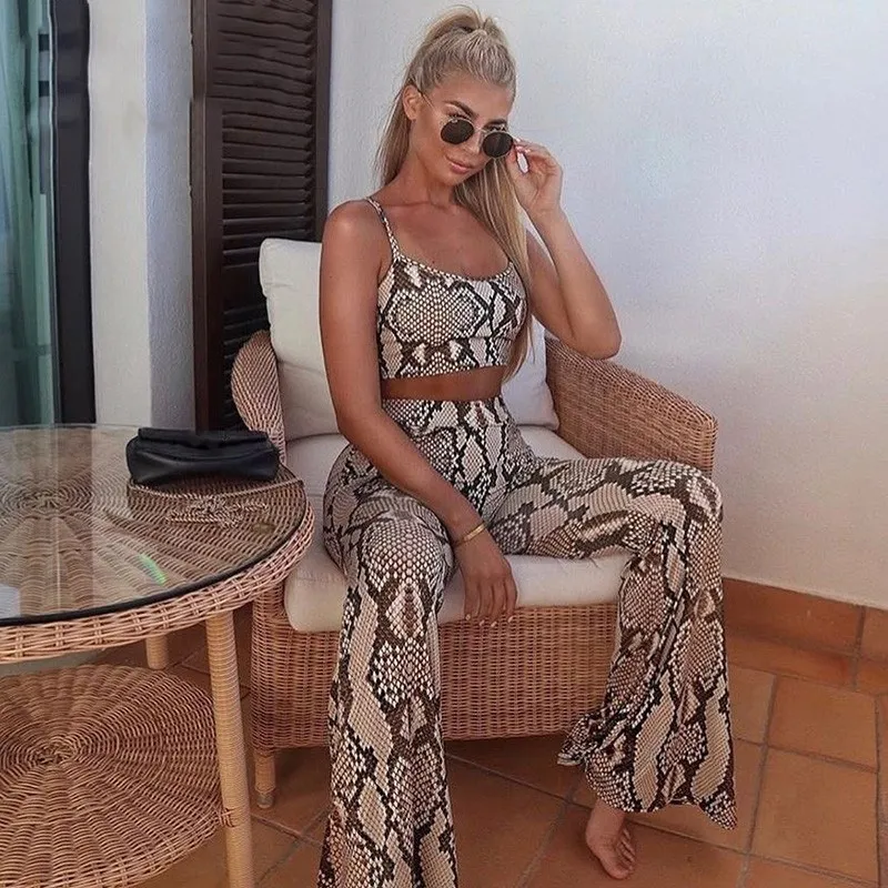

Snake Print Sleeveless Crop Top High Waist Flare Pants 2 Pieces Set Women Bell-Bottom Trousers Sexy Women Outfits