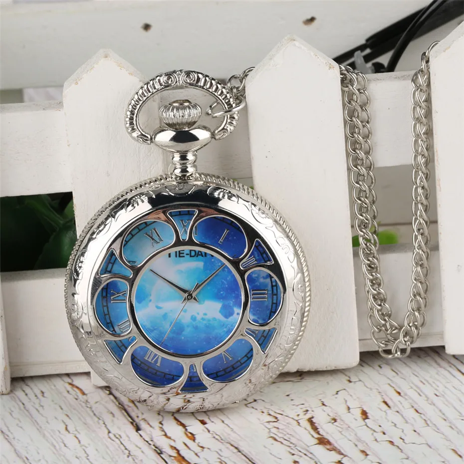 Серебряные кварцевые карманные часы с полыми цветами подвеска ожерелье
