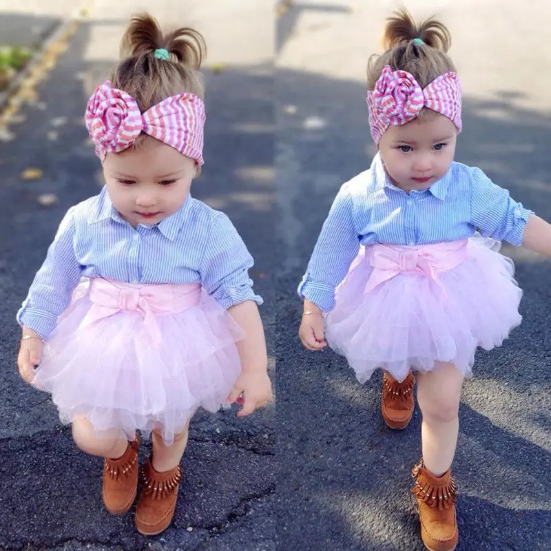 

Pudcoco Girl Clothes Kids Baby Girls Stripe T-shirt Top Lace Tutu Skirt Dress Outfit Set Clothes Mon