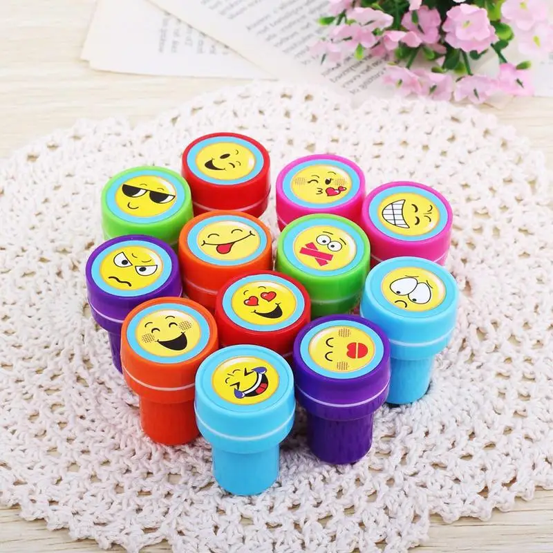 12PCS Children Toy Stamps Cartoon Smiling Face Emoji Kids Seal For Scrapbooking Stamper DIY Painting Photo Album Decor