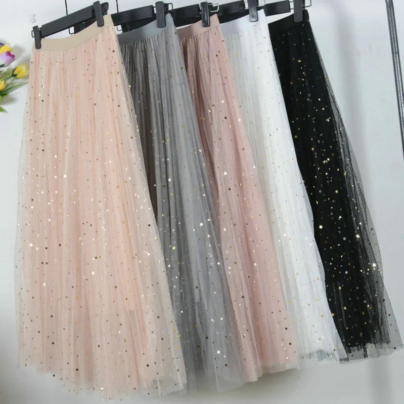 VITIANA Women Casual Lace Pleated Skirts New 2019 Spring Summer Female Chiffon High Waist Black Stars Sweet Pleated long Skirt VITIANA Women Casual Lace Pleated Skirts New 2019 Spring Summer Female Chiffon High Waist Black Stars Sweet Pleated long Skirt