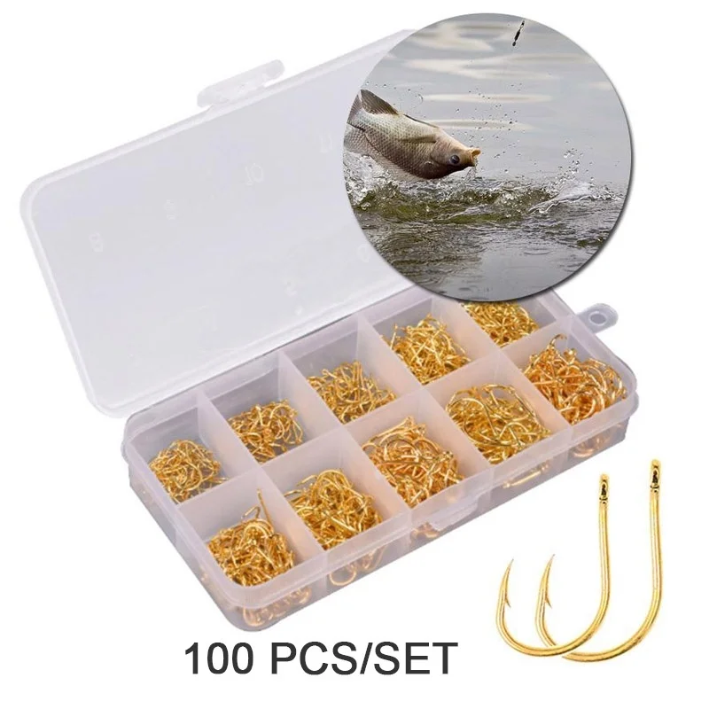 100Pcs/Box High Carbon Steel Gold/Silver Carp Fishing Bait 10 Mixed Sizes 3#-12# Sharpened Ultrapoint Fishing Hook Set