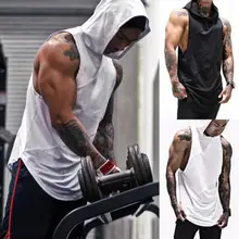 Мужская спортивная одежда для бодибилдинга, толстовка с капюшоном, топы, майка с капюшоном, Мужская однотонная жилетки с капюшоном без рукавов