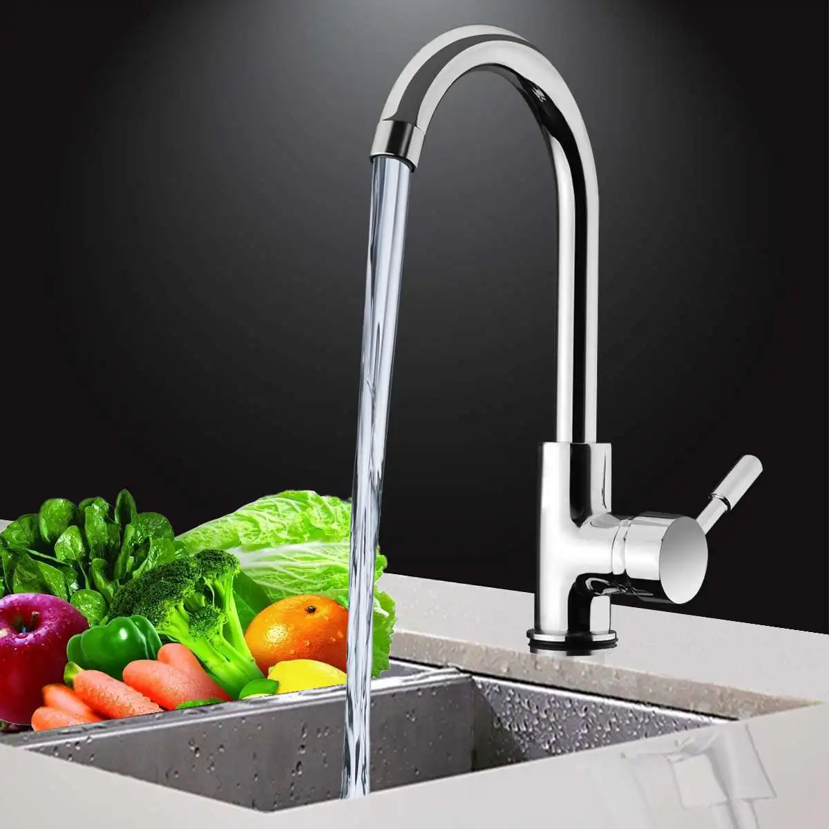 

Chrome 360Rotatable Kitchen Sink Basin Water Faucet Curved Spout Mixer Tap Bathroom Hot And Cold Single Handle Faucet Deck Mount