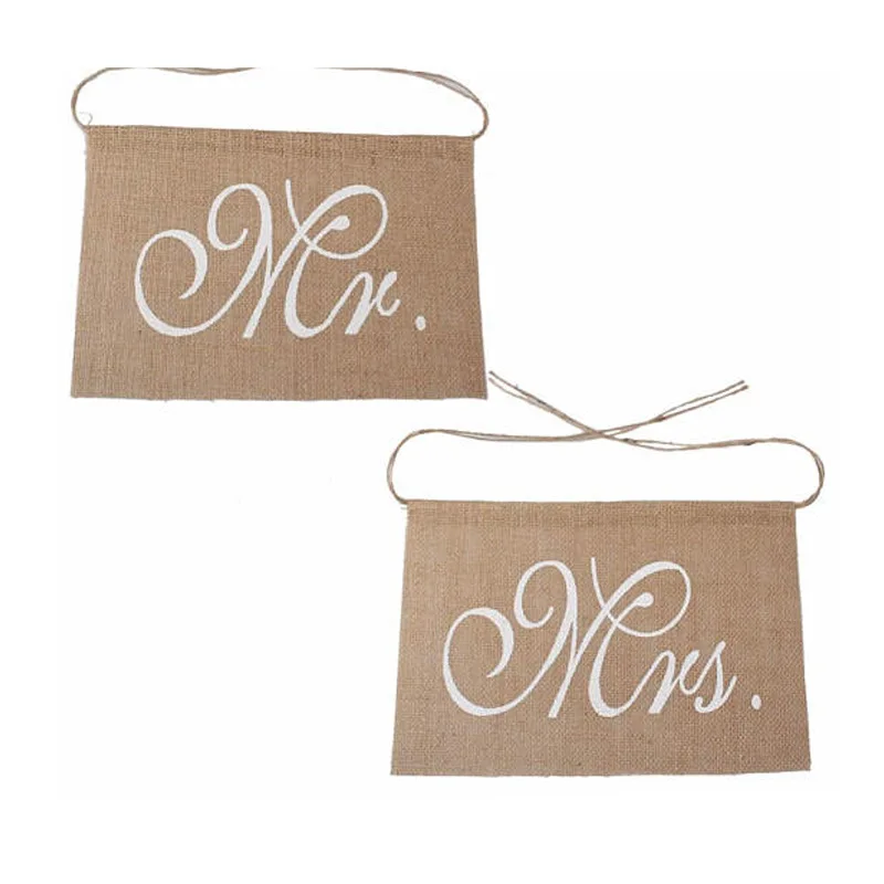 

2pc/set Mr&Mrs Chair Back Flags Raw Jute Linen White Lace Chair Back Banner for Wedding Party Decoration Supplies IA004