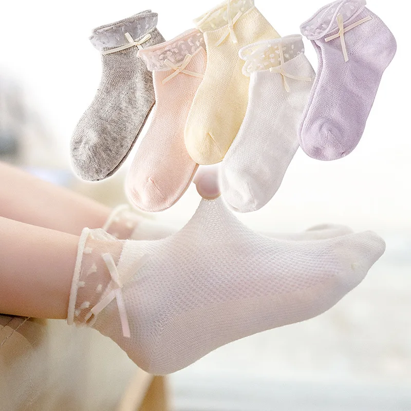

2019 Spring New Style Children Socks Cotton Solid Color Mesh Bow Cute Princess Socks 5 pairs per lot