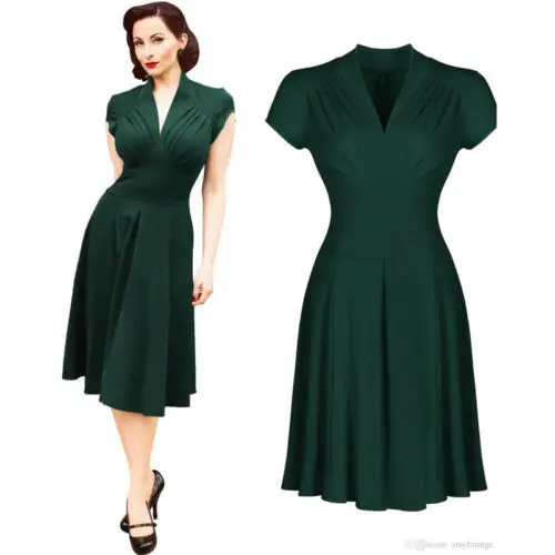 

Womens V-Neck Vintage Style 1950's Retro Rockabilly Evening Party Swing Dress